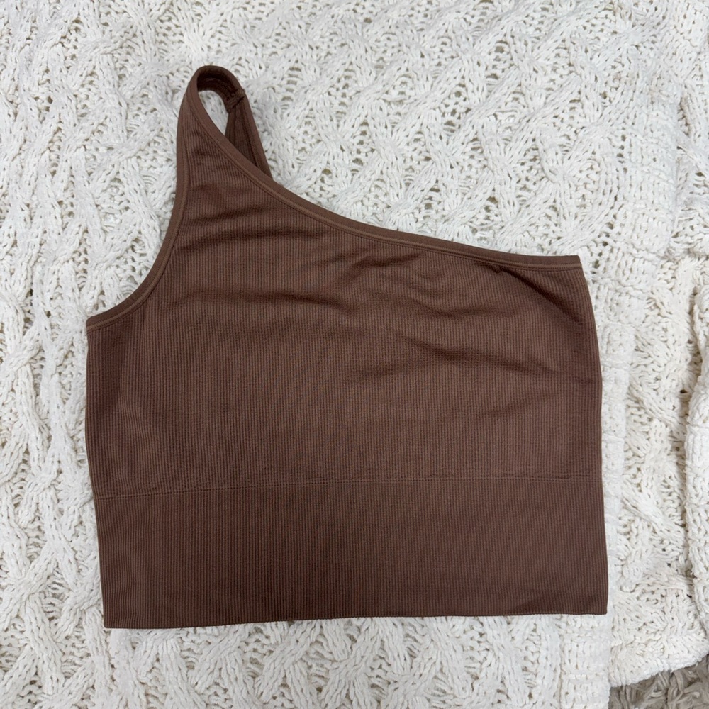 Athleta Ribbed One-Shoulder Crop Top - Taupe Brown